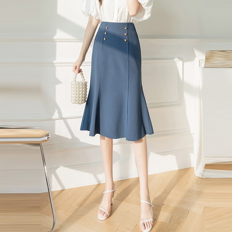 Office Lady Elegant Mermaid Skirts New Arrival 2021 Summer Fashion Korean Style Double Breasted Women A-line Long Skirt W430